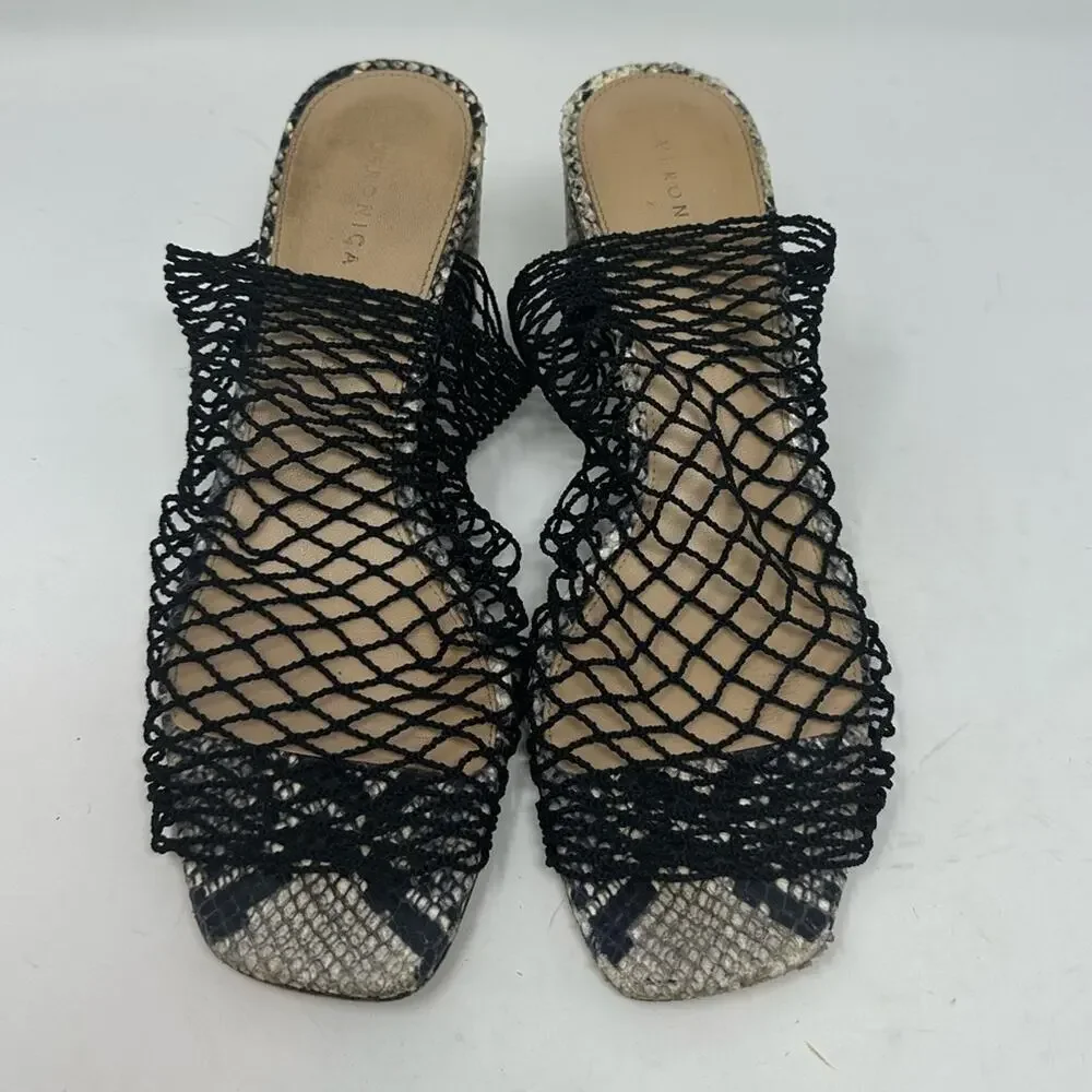 Veronica Beard Kasi Snakeskin Print Block Heel Mesh Slide Sandal In Black 8.5